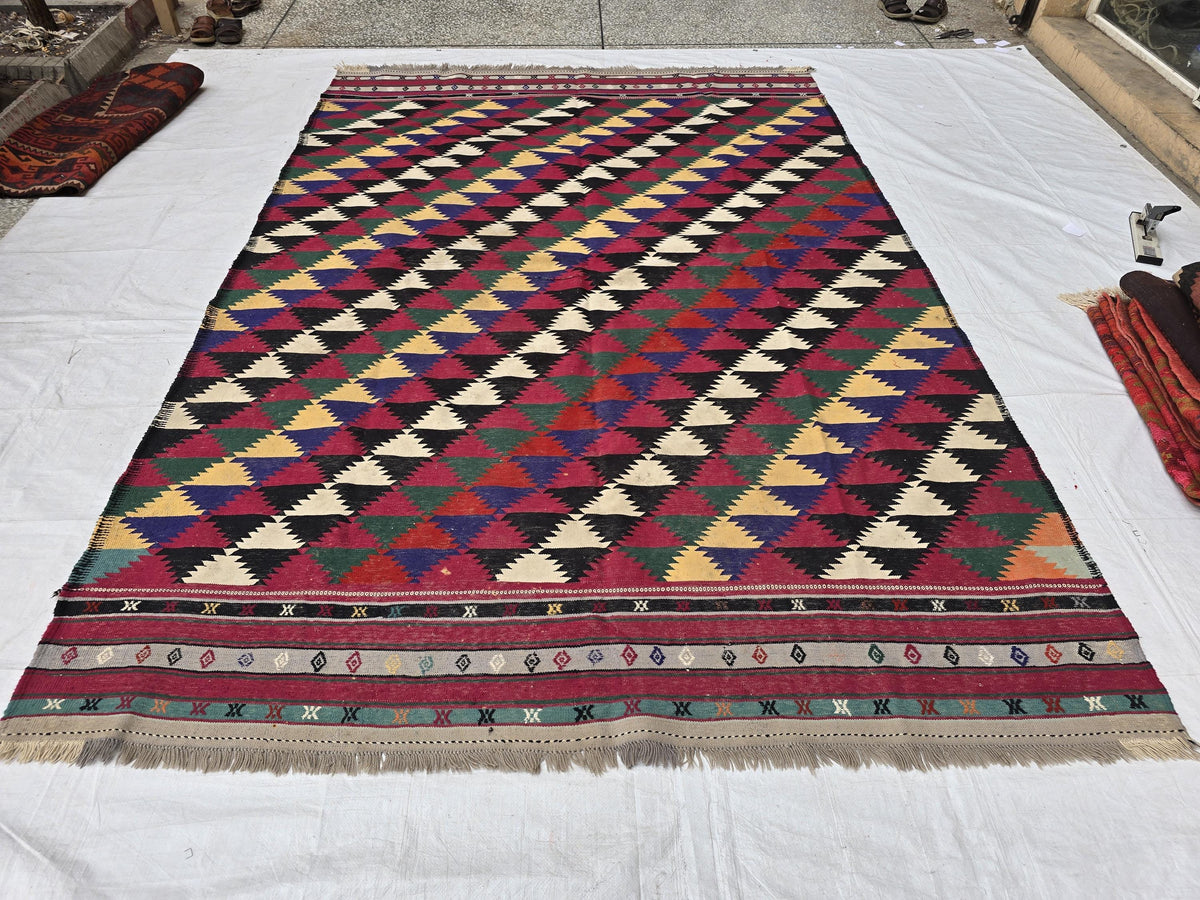 7x10 Vintage Kilim Rug, Large Flatweave Geometric Tribal Boho Area Rug, Multicolor Fringed Carpet