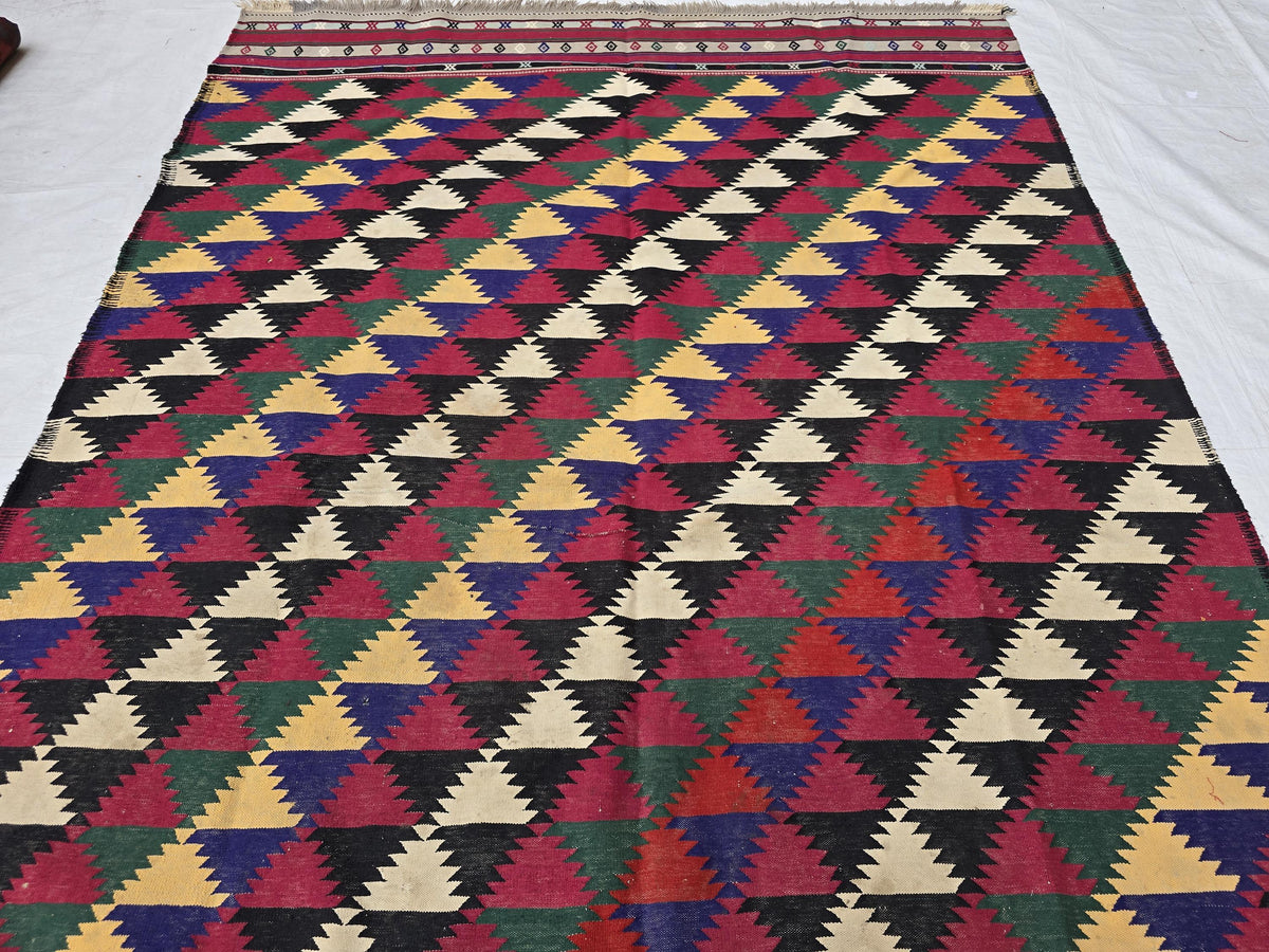 7x10 Vintage Kilim Rug, Large Flatweave Geometric Tribal Boho Area Rug, Multicolor Fringed Carpet