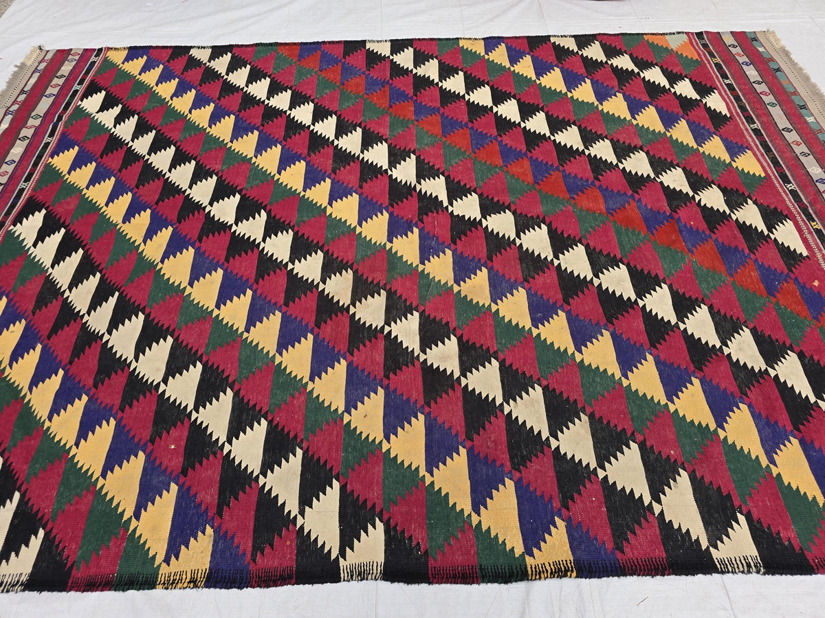 7x10 Vintage Kilim Rug, Large Flatweave Geometric Tribal Boho Area Rug, Multicolor Fringed Carpet