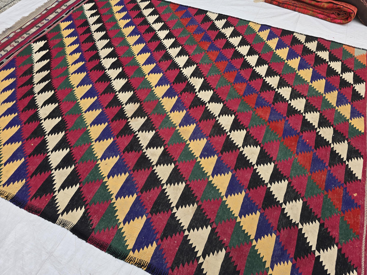 7x10 Vintage Kilim Rug, Large Flatweave Geometric Tribal Boho Area Rug, Multicolor Fringed Carpet