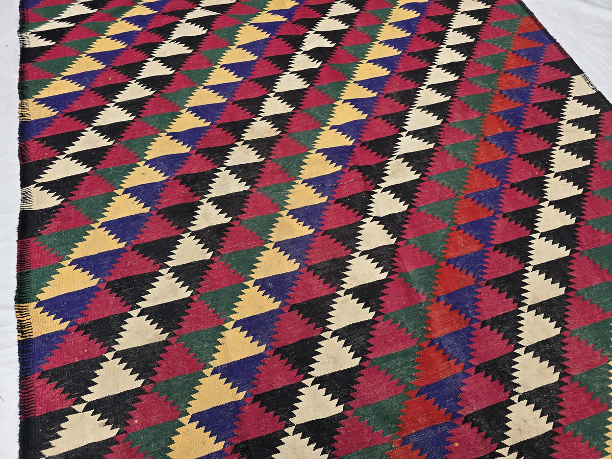 7x10 Vintage Kilim Rug, Large Flatweave Geometric Tribal Boho Area Rug, Multicolor Fringed Carpet