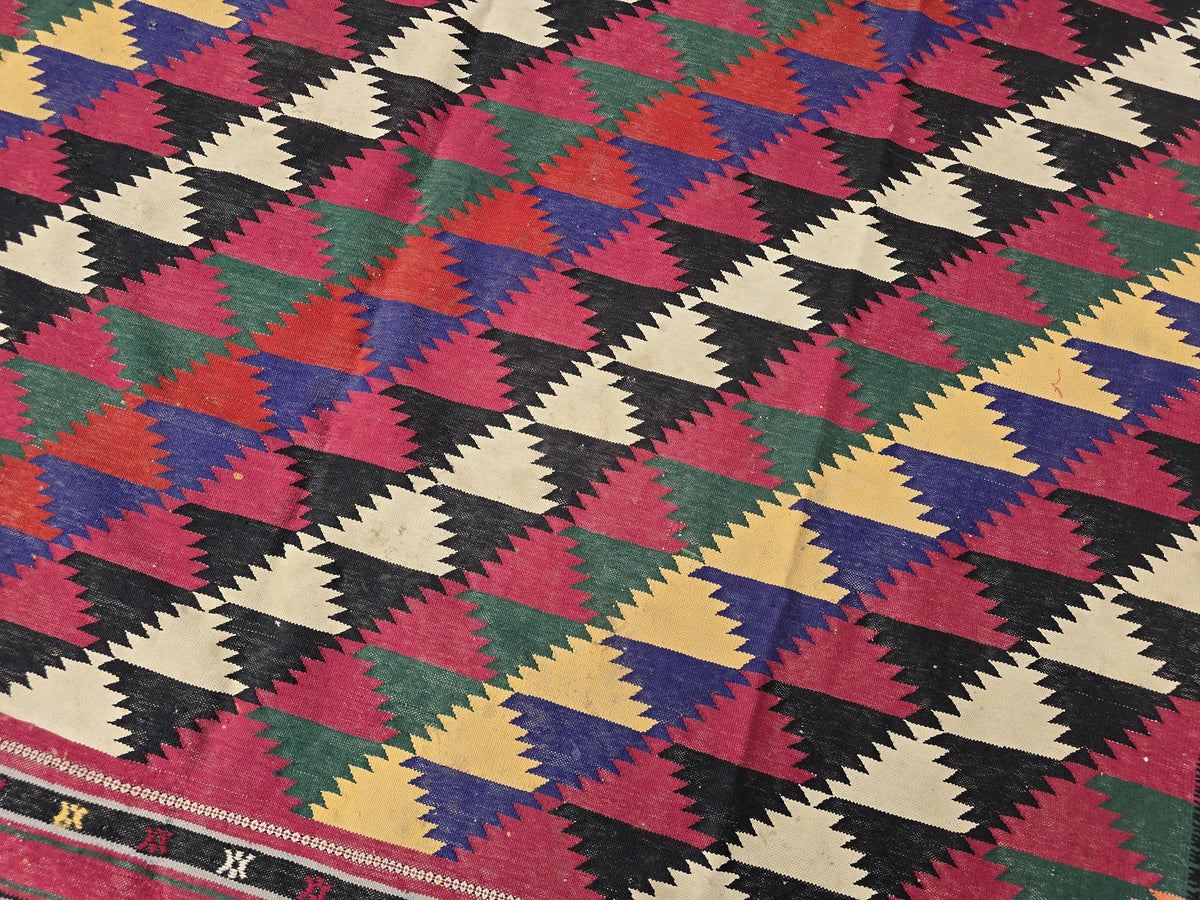 7x10 Vintage Kilim Rug, Large Flatweave Geometric Tribal Boho Area Rug, Multicolor Fringed Carpet