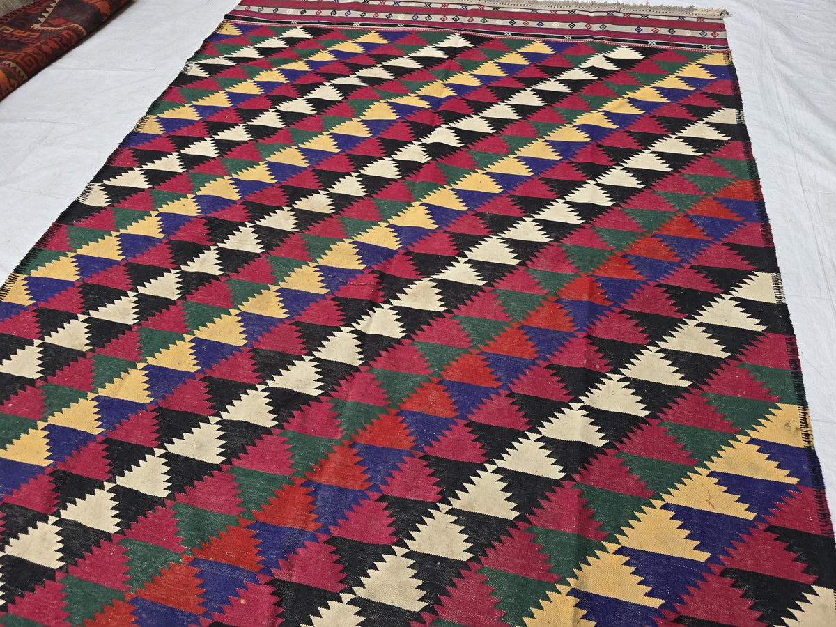 7x10 Vintage Kilim Rug, Large Flatweave Geometric Tribal Boho Area Rug, Multicolor Fringed Carpet