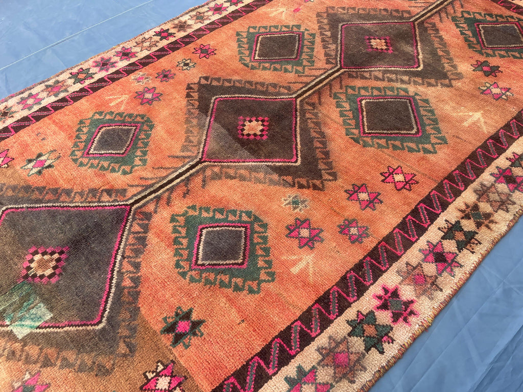 Warm Terracotta 1940s Antique 5x9 Handwoven Wool Rug, Vintage Bohemian Area Rug