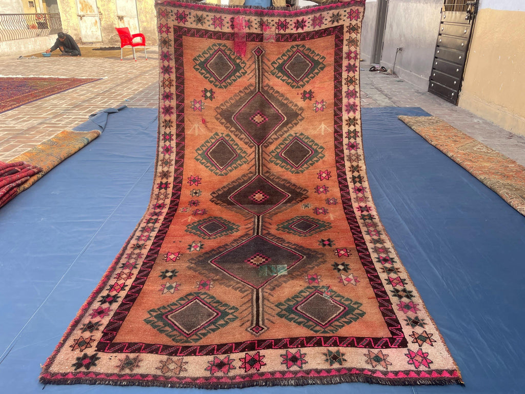 Warm Terracotta 1940s Antique 5x9 Handwoven Wool Rug, Vintage Bohemian Area Rug