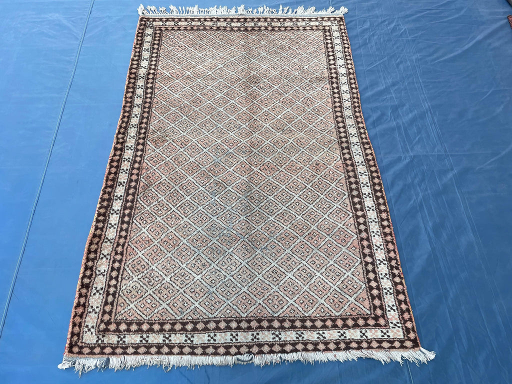 4x6 Vintage Tribal Wool Rug – Beige & Brown Geometric Diamond Pattern – Handmade Bohemian Area Rug