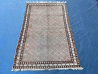 4x6 Vintage Tribal Wool Rug – Beige & Brown Geometric Diamond Pattern – Handmade Bohemian Area Rug