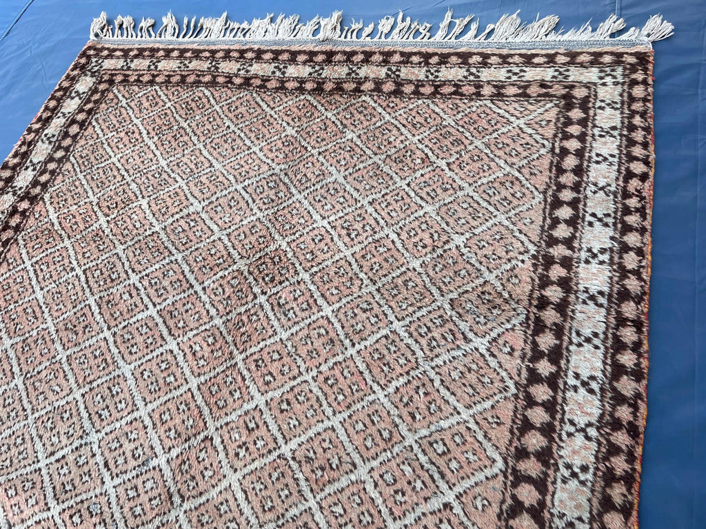 4x6 Vintage Tribal Wool Rug – Beige & Brown Geometric Diamond Pattern – Handmade Bohemian Area Rug