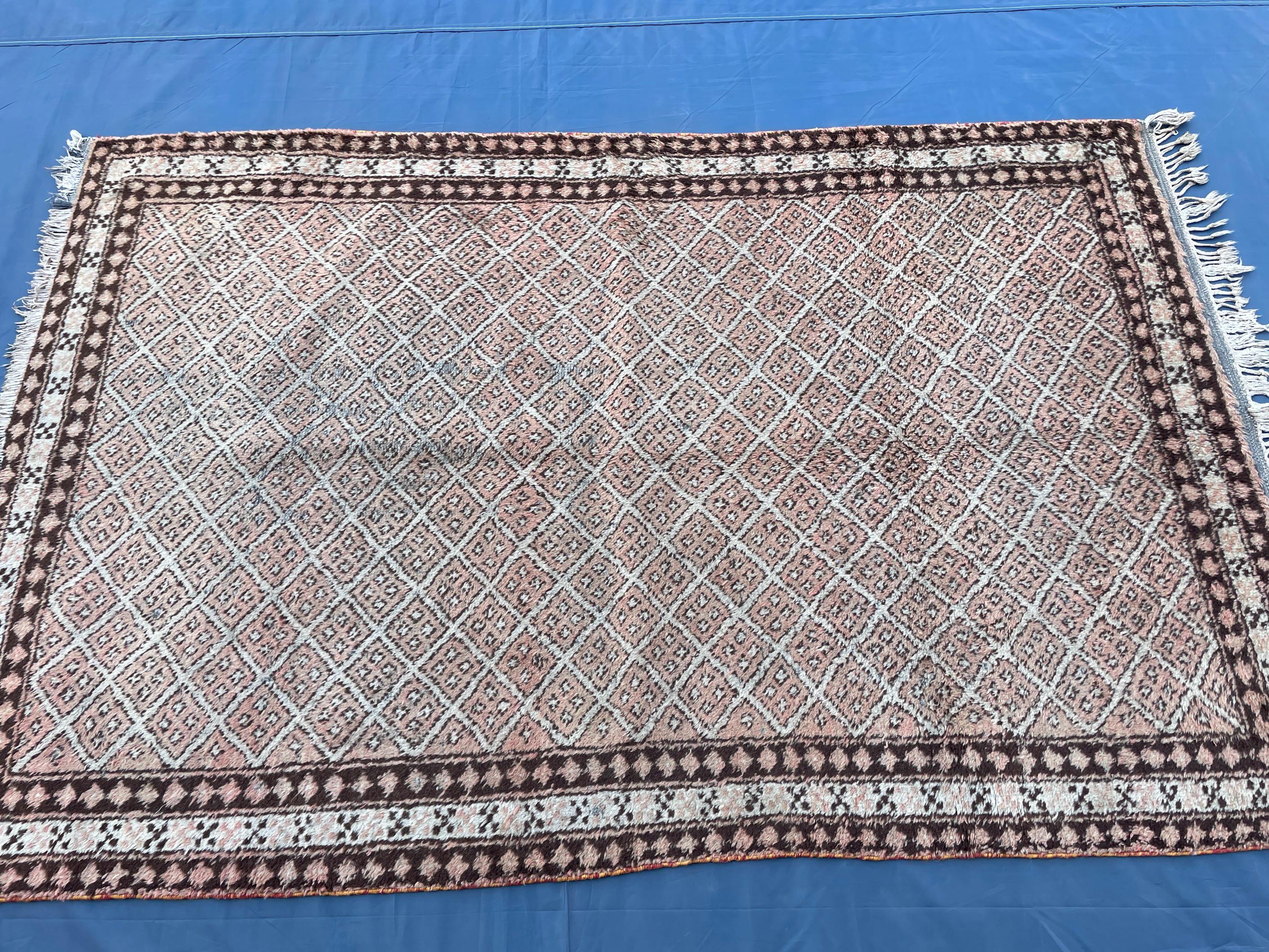 4x6 Vintage Tribal Wool Rug – Beige & Brown Geometric Diamond Pattern – Handmade Bohemian Area Rug