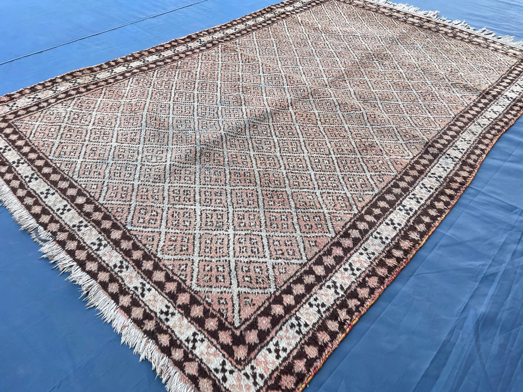 4x6 Vintage Tribal Wool Rug – Beige & Brown Geometric Diamond Pattern – Handmade Bohemian Area Rug