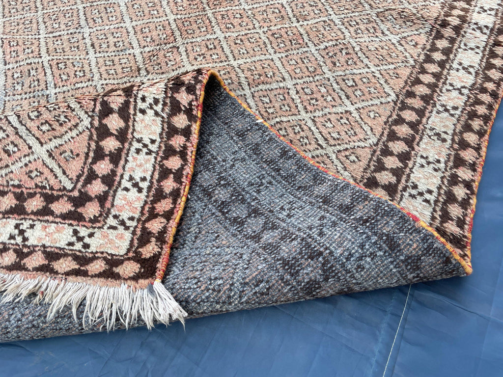 4x6 Vintage Tribal Wool Rug – Beige & Brown Geometric Diamond Pattern – Handmade Bohemian Area Rug