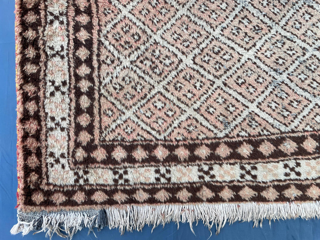 4x6 Vintage Tribal Wool Rug – Beige & Brown Geometric Diamond Pattern – Handmade Bohemian Area Rug