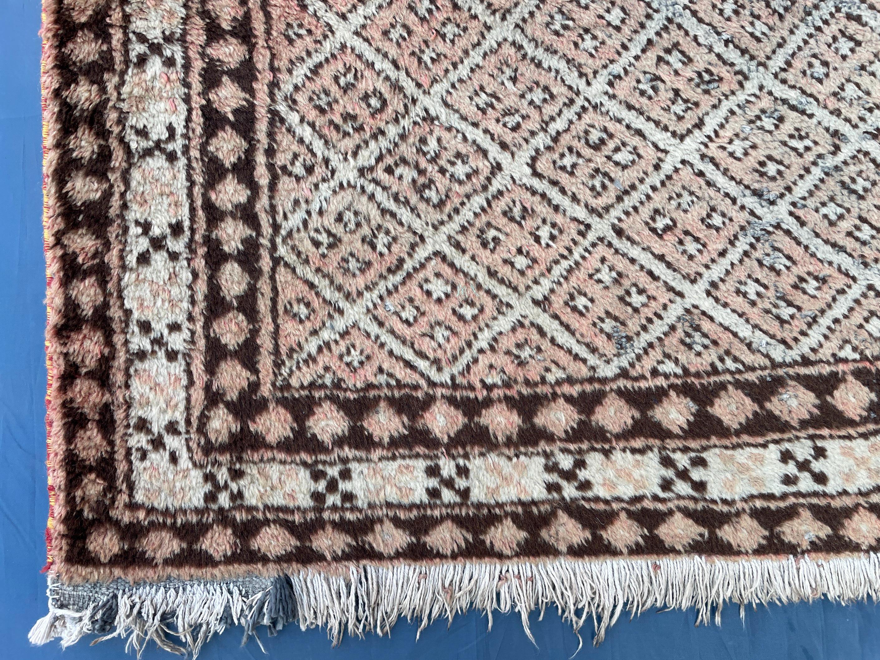 4x6 Vintage Tribal Wool Rug – Beige & Brown Geometric Diamond Pattern – Handmade Bohemian Area Rug