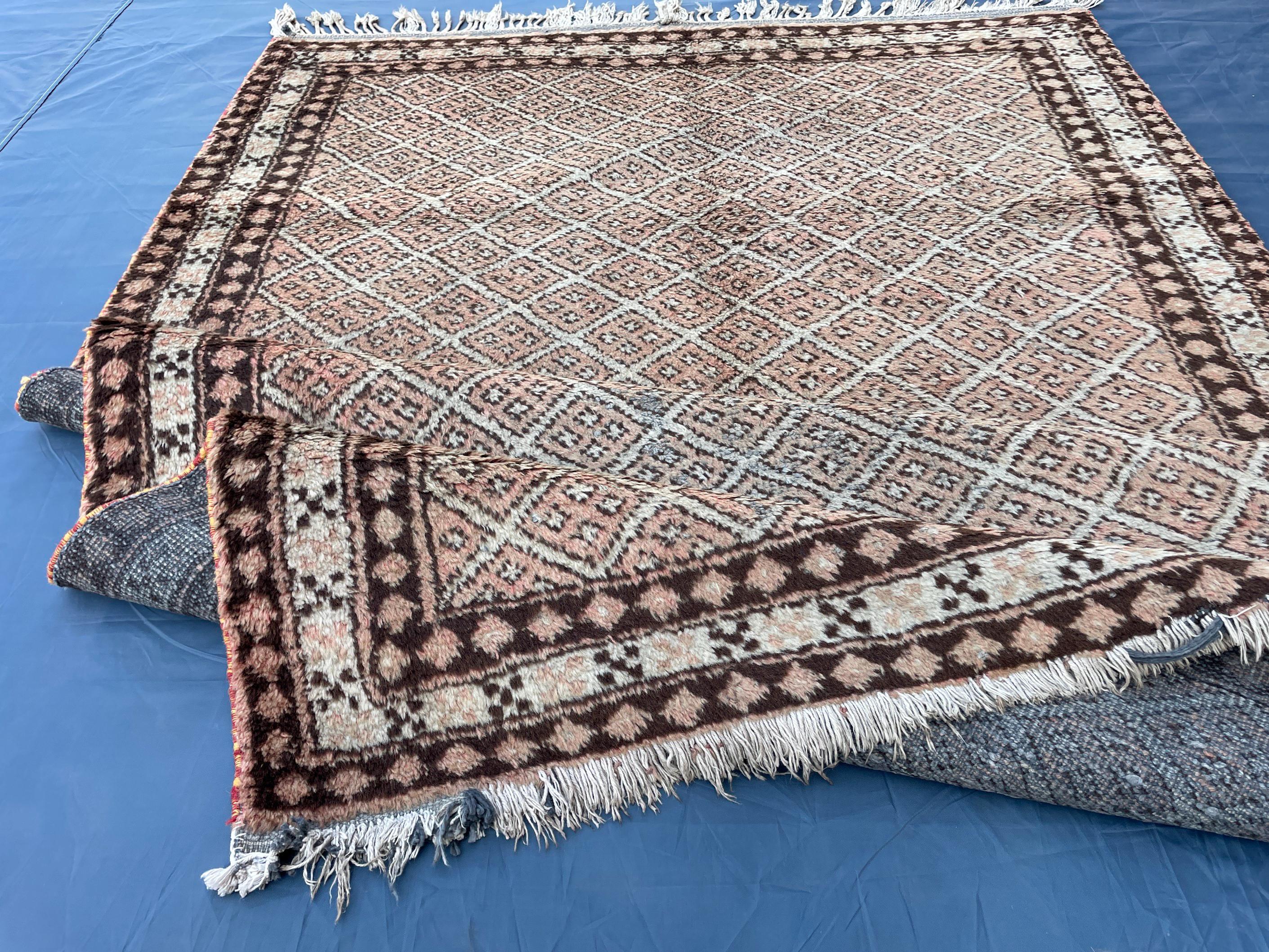 4x6 Vintage Tribal Wool Rug – Beige & Brown Geometric Diamond Pattern – Handmade Bohemian Area Rug