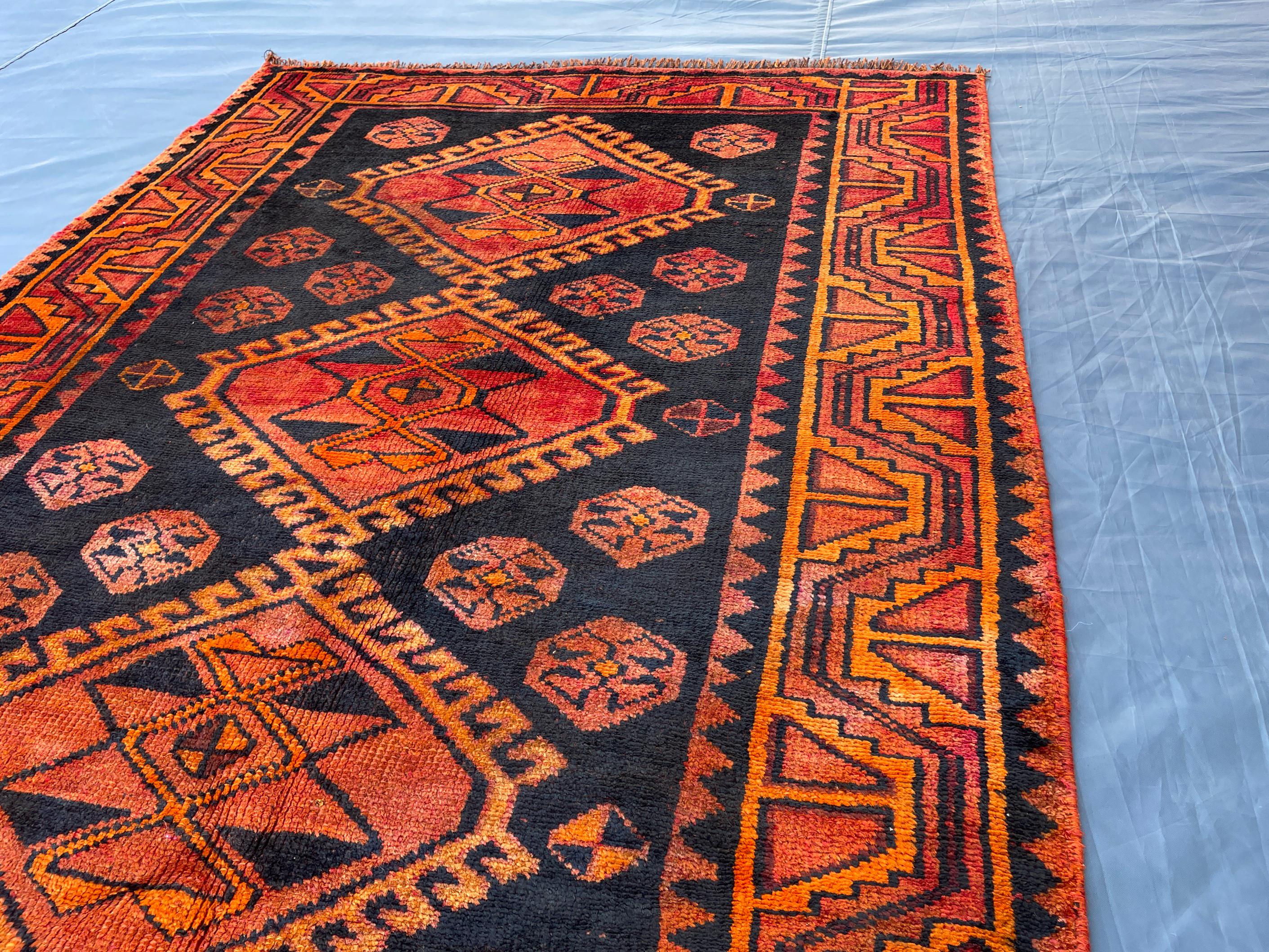 Black & Rust Hallway Rug 3'10x8'6 Vintage Afghan Runner Rug – 1940s Antique, Handmade Wool Carpet