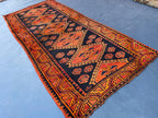 Black & Rust Hallway Rug 3'10x8'6 Vintage Afghan Runner Rug – 1940s Antique, Handmade Wool Carpet