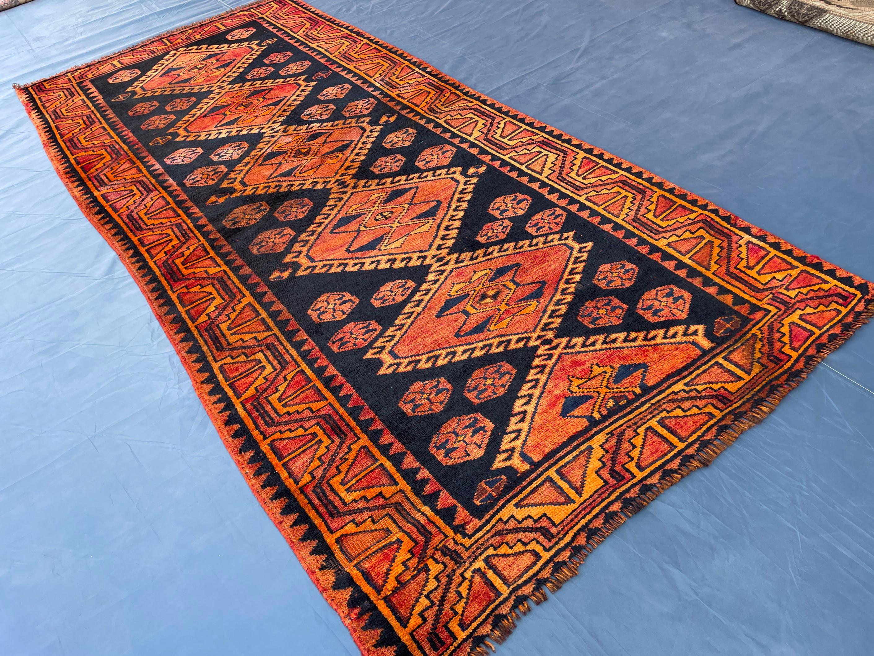 Black & Rust Hallway Rug 3'10x8'6 Vintage Afghan Runner Rug – 1940s Antique, Handmade Wool Carpet