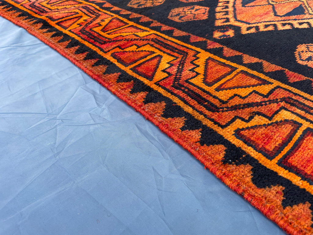 Black & Rust Hallway Rug 3'10x8'6 Vintage Afghan Runner Rug – 1940s Antique, Handmade Wool Carpet
