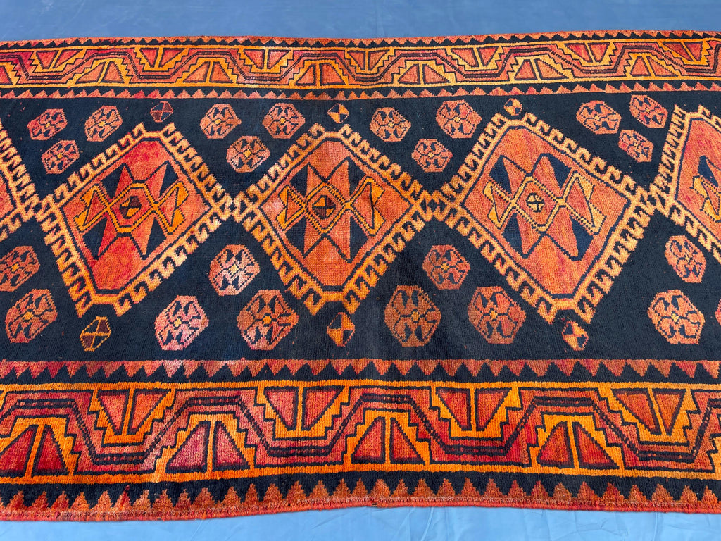 Black & Rust Hallway Rug 3'10x8'6 Vintage Afghan Runner Rug – 1940s Antique, Handmade Wool Carpet