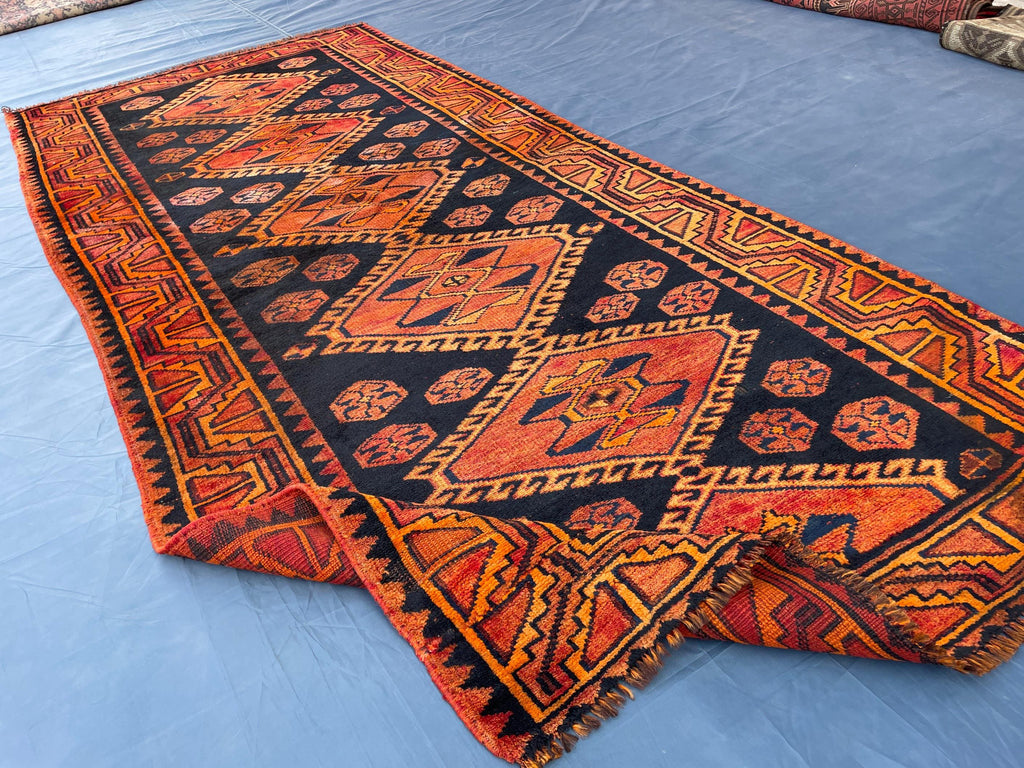 Black & Rust Hallway Rug 3'10x8'6 Vintage Afghan Runner Rug – 1940s Antique, Handmade Wool Carpet