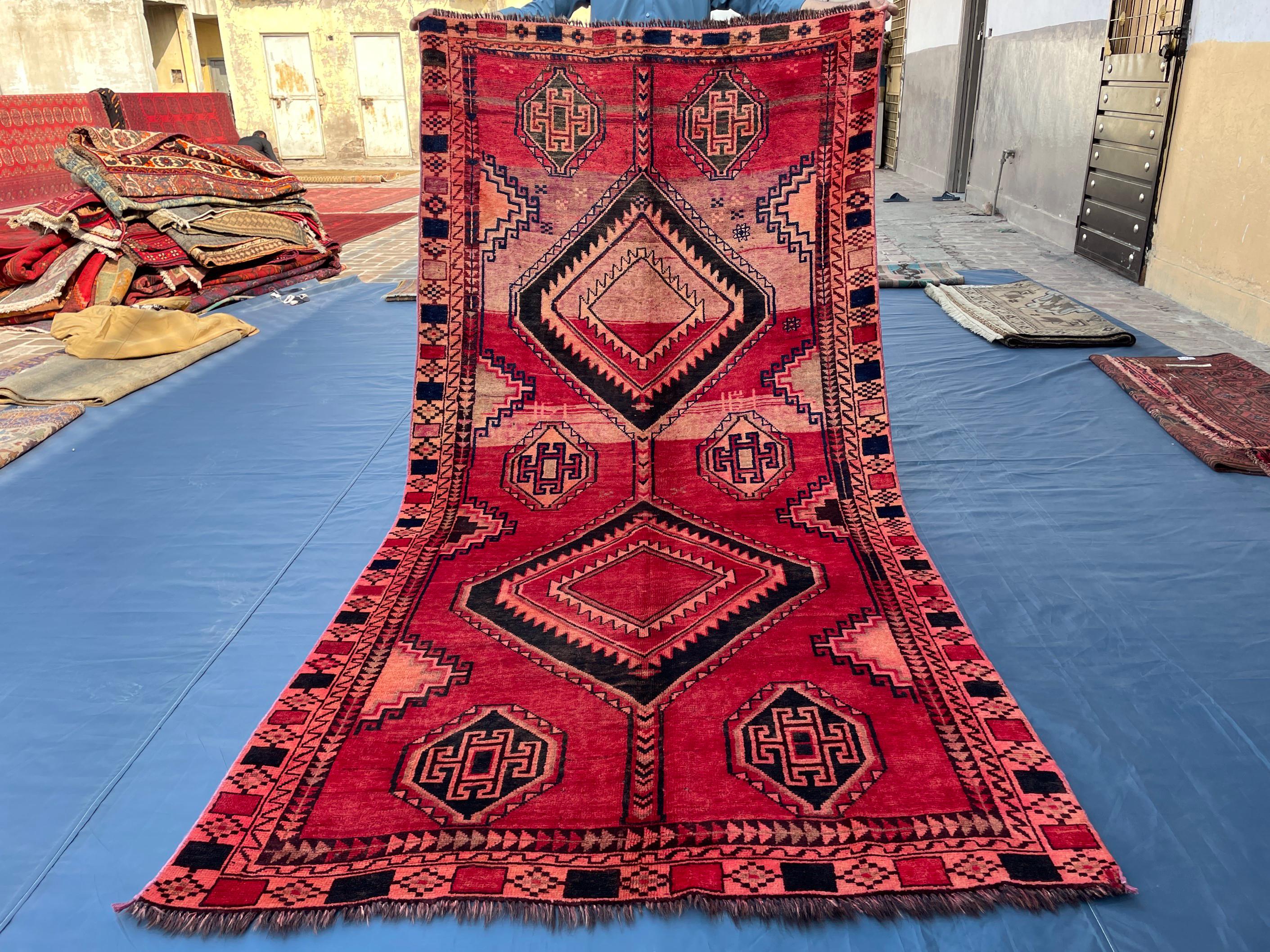 4'4x9 ft Vintage Tribal Runner Rug – Afghan Handmade Wool Geometric Rustic Hallway Carpet