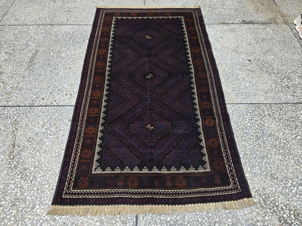 Black & Burgundy Antique Baluchi Rug 4x7 Ft Handwoven Wool Rug - Living Room Carpet