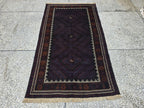 Black & Burgundy Antique Baluchi Rug 4x7 Ft Handwoven Wool Rug - Living Room Carpet