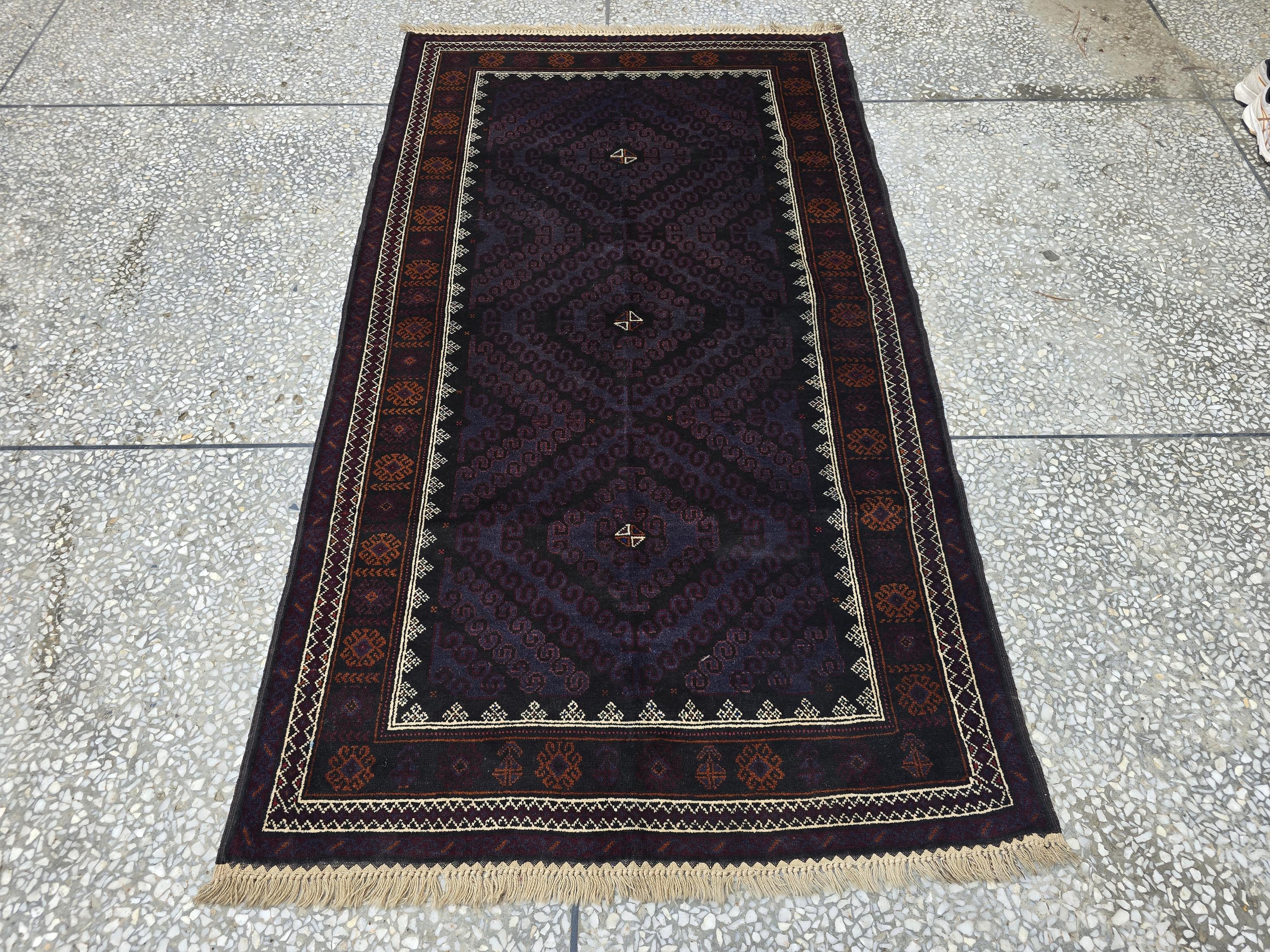 Black & Burgundy Antique Baluchi Rug 4x7 Ft Handwoven Wool Rug - Living Room Carpet