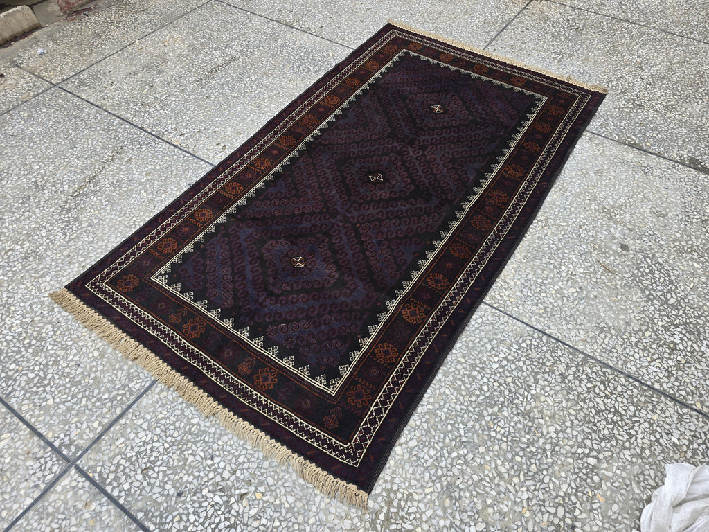 Black & Burgundy Antique Baluchi Rug 4x7 Ft Handwoven Wool Rug - Living Room Carpet