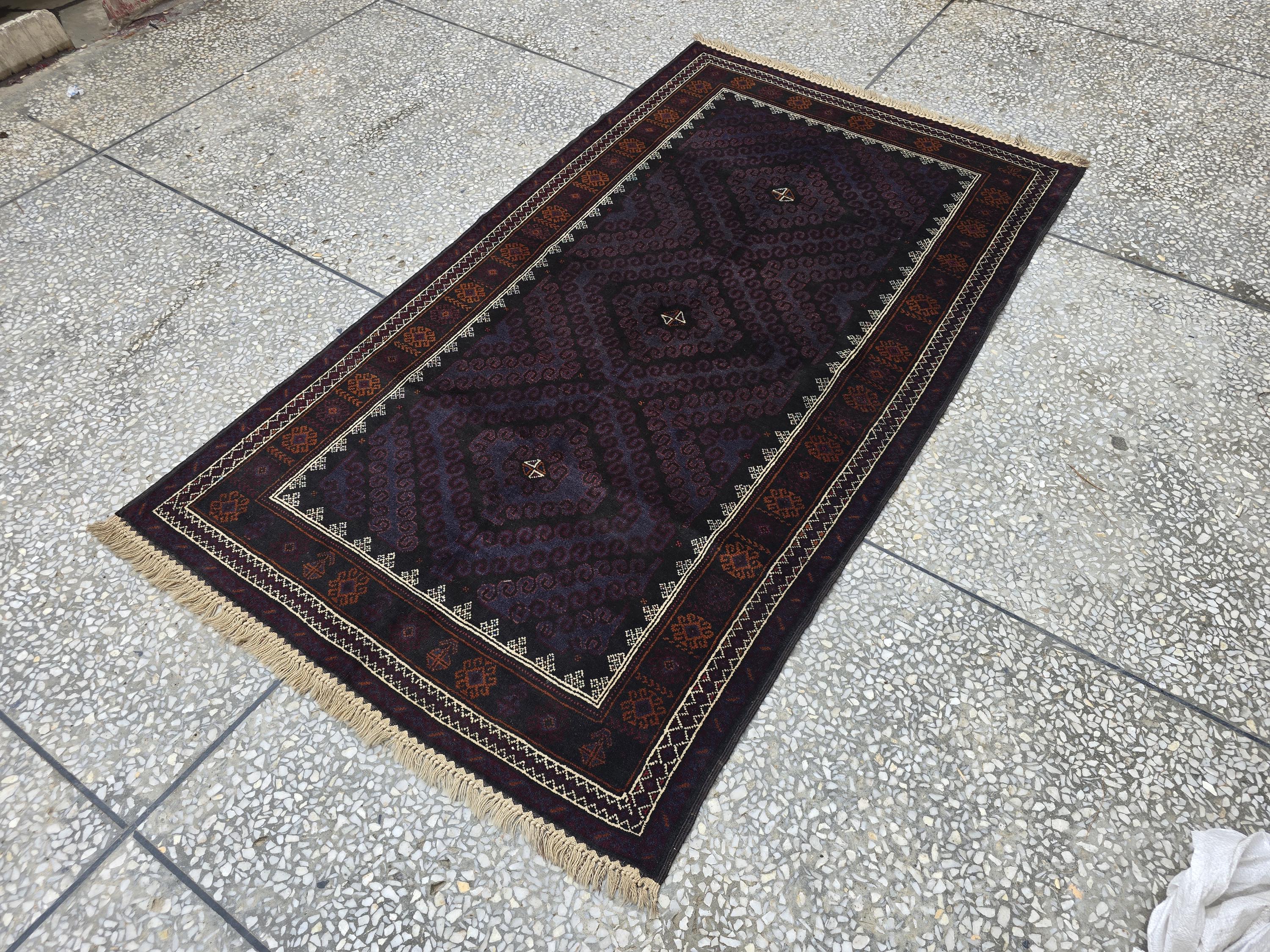 Black & Burgundy Antique Baluchi Rug 4x7 Ft Handwoven Wool Rug - Living Room Carpet