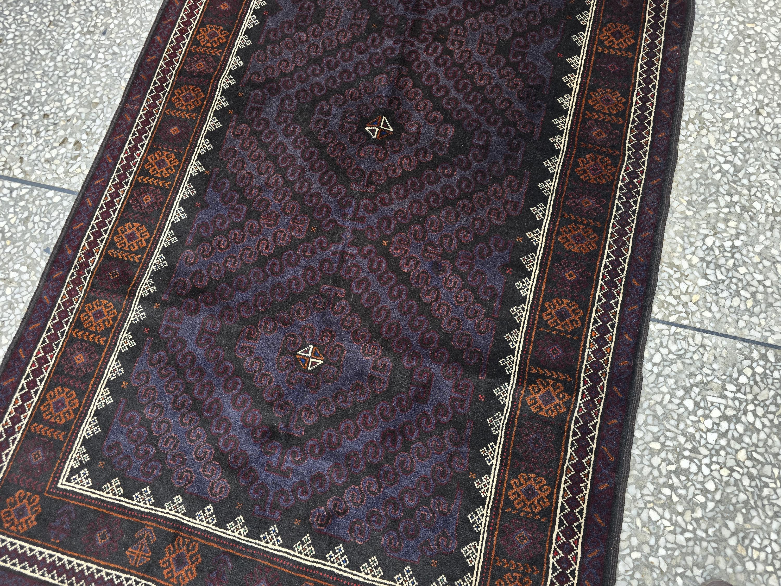 Black & Burgundy Antique Baluchi Rug 4x7 Ft Handwoven Wool Rug - Living Room Carpet