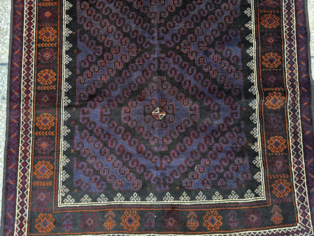 Black & Burgundy Antique Baluchi Rug 4x7 Ft Handwoven Wool Rug - Living Room Carpet