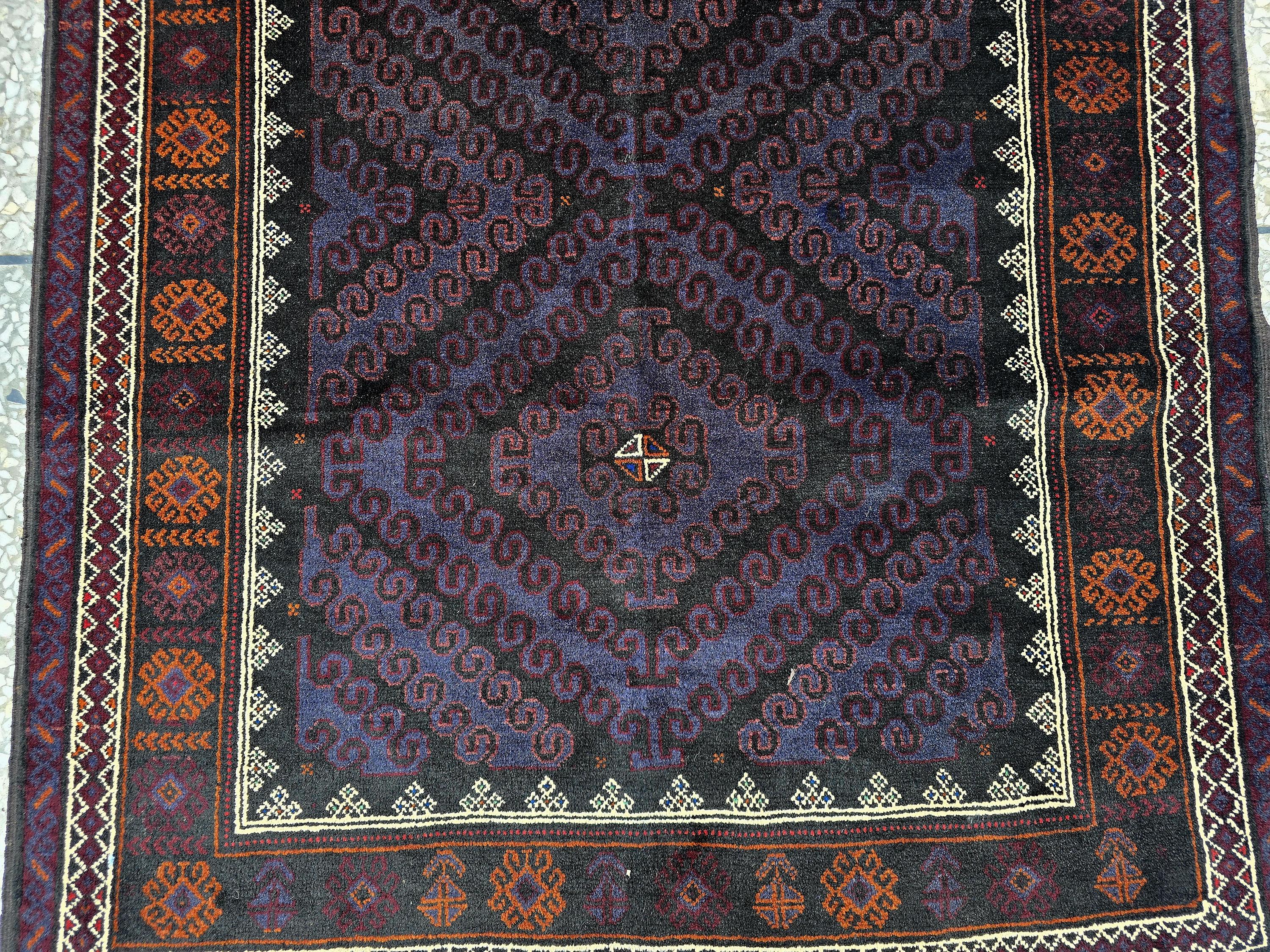 Black & Burgundy Antique Baluchi Rug 4x7 Ft Handwoven Wool Rug - Living Room Carpet