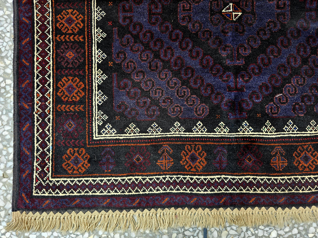 Black & Burgundy Antique Baluchi Rug 4x7 Ft Handwoven Wool Rug - Living Room Carpet