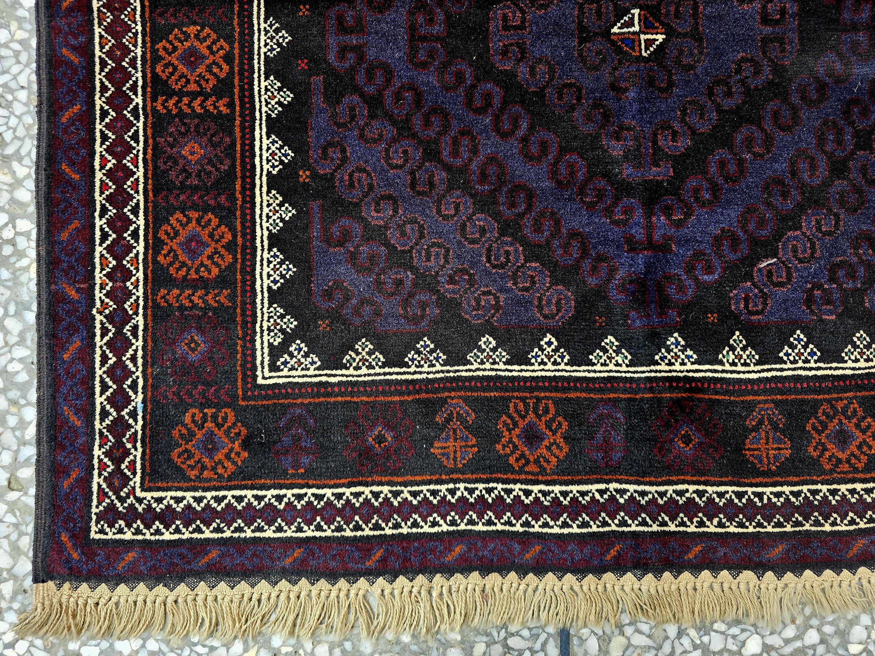 Black & Burgundy Antique Baluchi Rug 4x7 Ft Handwoven Wool Rug - Living Room Carpet