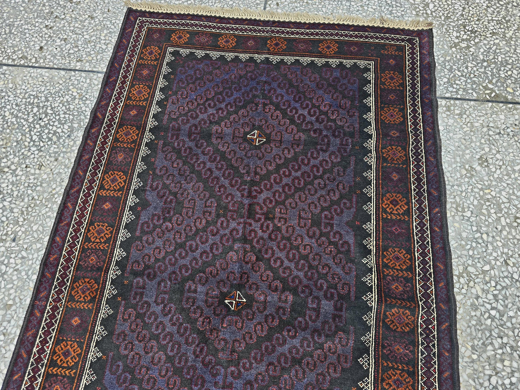 Black & Burgundy Antique Baluchi Rug 4x7 Ft Handwoven Wool Rug - Living Room Carpet