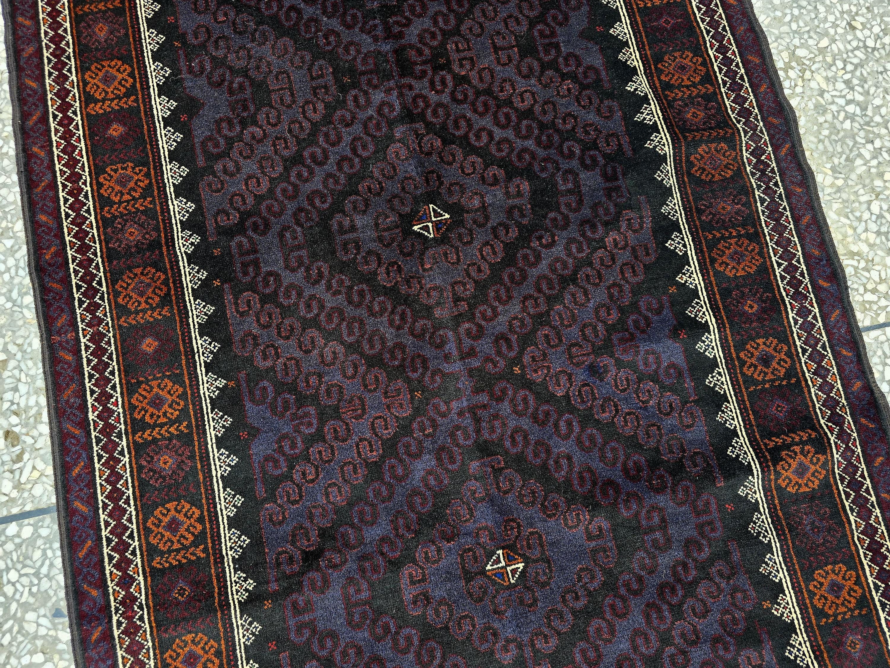 Black & Burgundy Antique Baluchi Rug 4x7 Ft Handwoven Wool Rug - Living Room Carpet