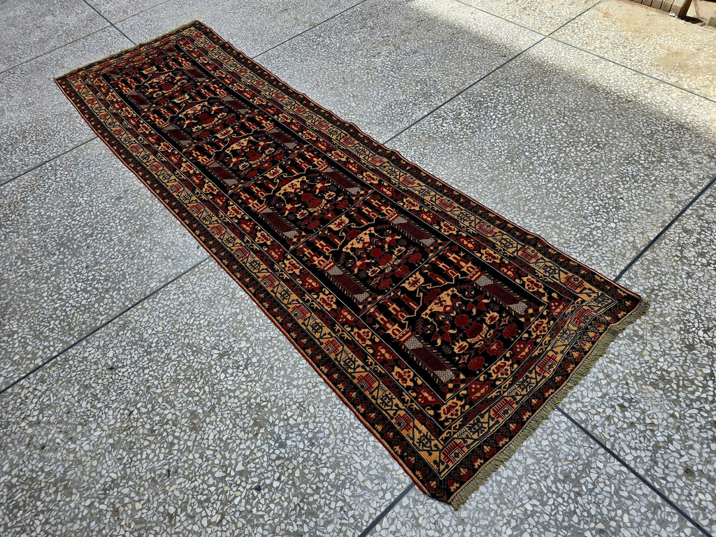 3x9 ft Antique Ali Hoja Runner Rug – Dark Tribal Geometric Vintage Style