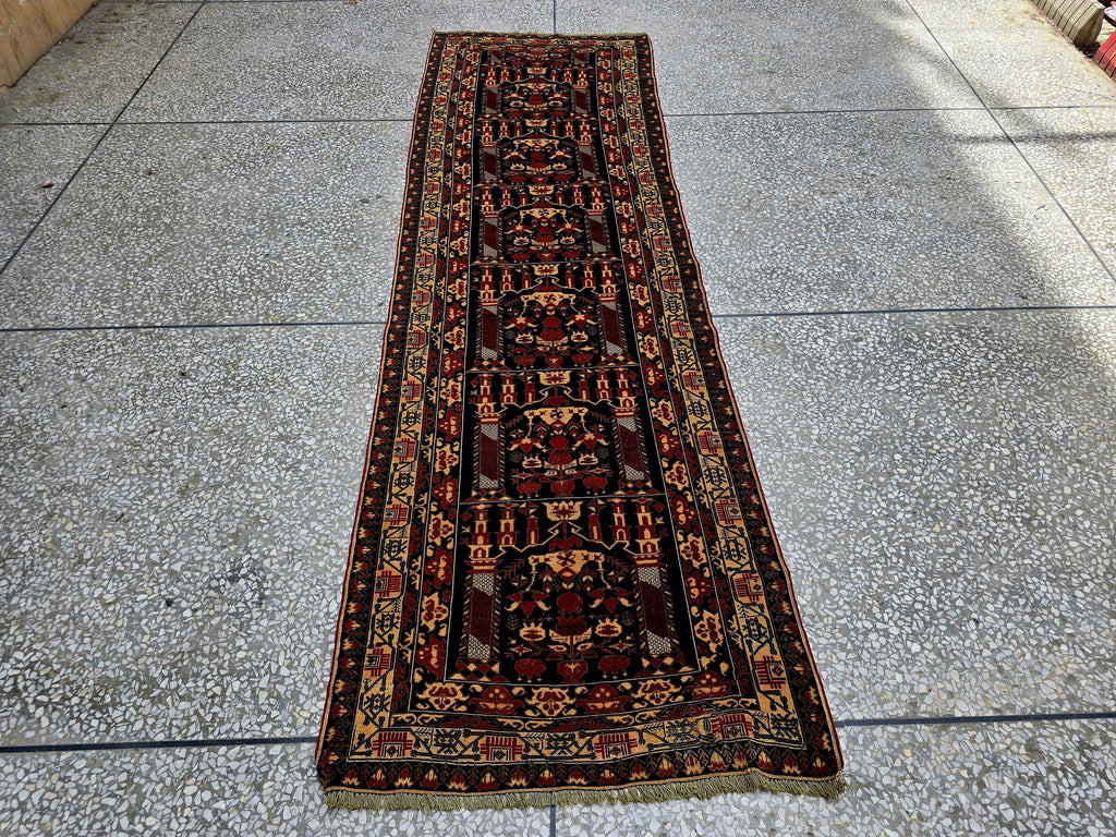 3x9 ft Antique Ali Hoja Runner Rug – Dark Tribal Geometric Vintage Style