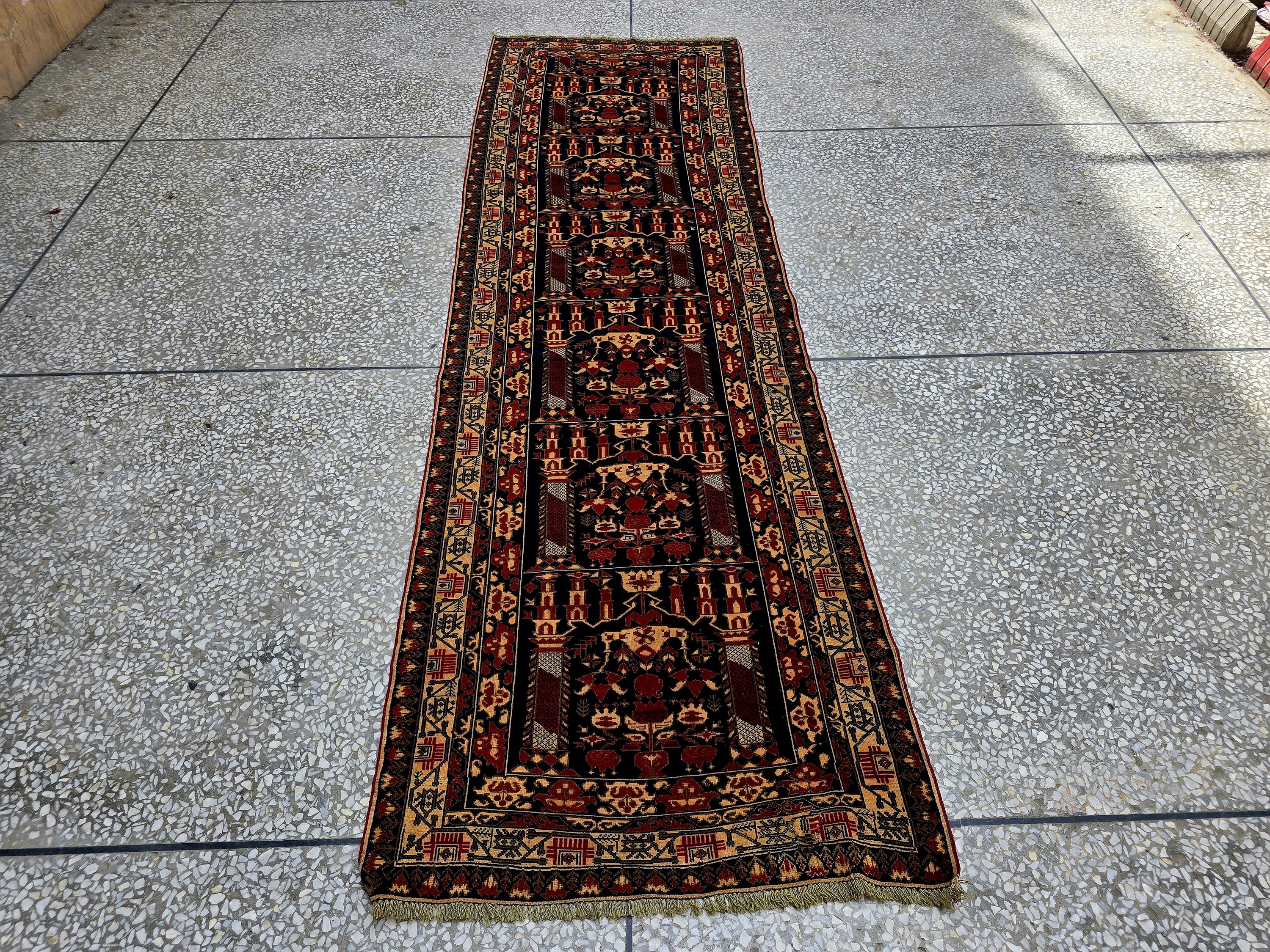 3x9 ft Antique Ali Hoja Runner Rug – Dark Tribal Geometric Vintage Style