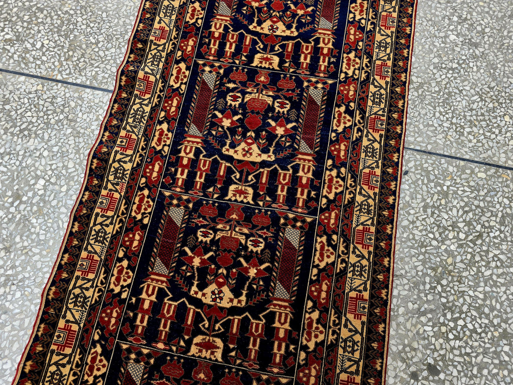 3x9 ft Antique Ali Hoja Runner Rug – Dark Tribal Geometric Vintage Style