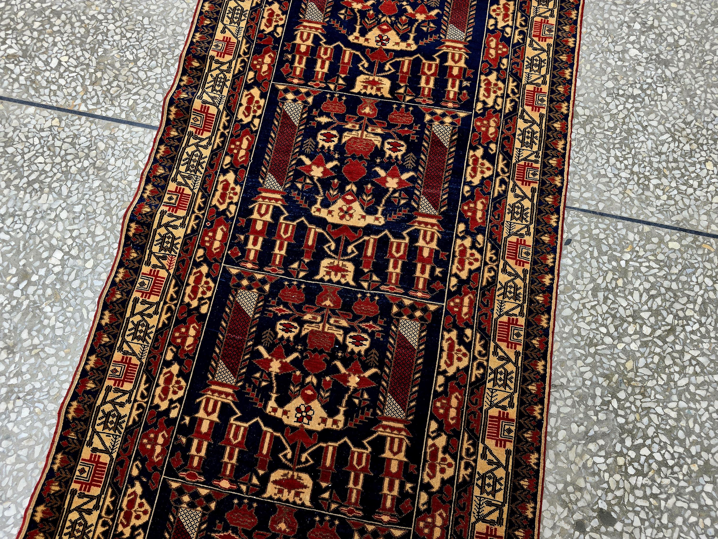 3x9 ft Antique Ali Hoja Runner Rug – Dark Tribal Geometric Vintage Style
