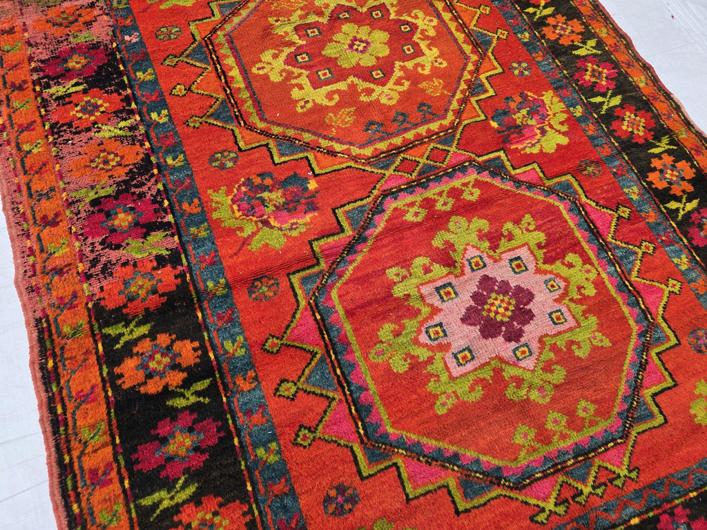 Antique 1940s Burn Orange 5×10 Ft Handwoven Afghan Rug, Collectors Piece