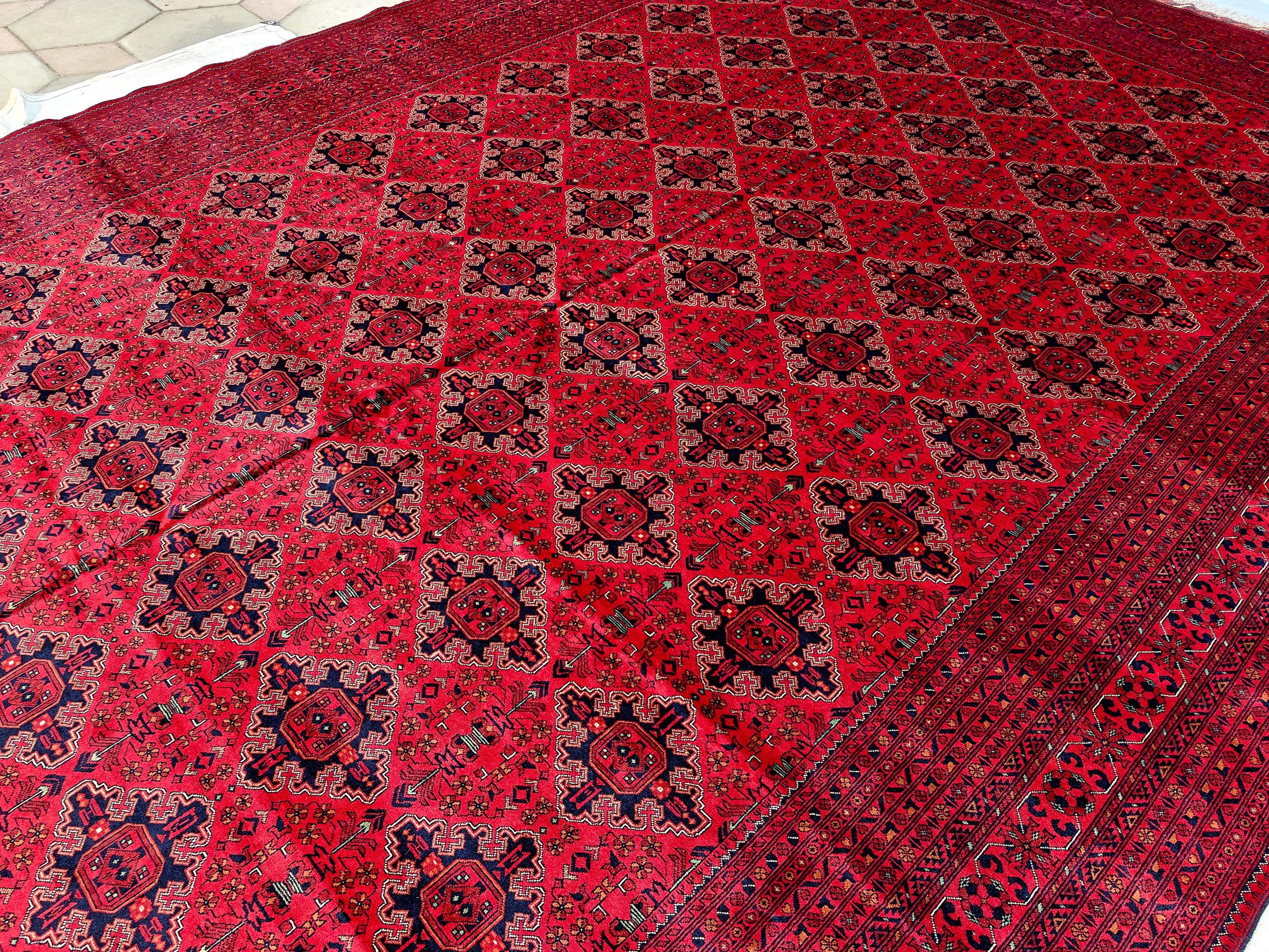 Extra Large Red Bokhara Style Rug 13x18 Ft, Traditional Geometric Oriental Carpet