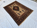 Vintage 4'5×6'3 ft Afghan Rug – Handmade Wool Tribal Carpet, Warm Earth Tones