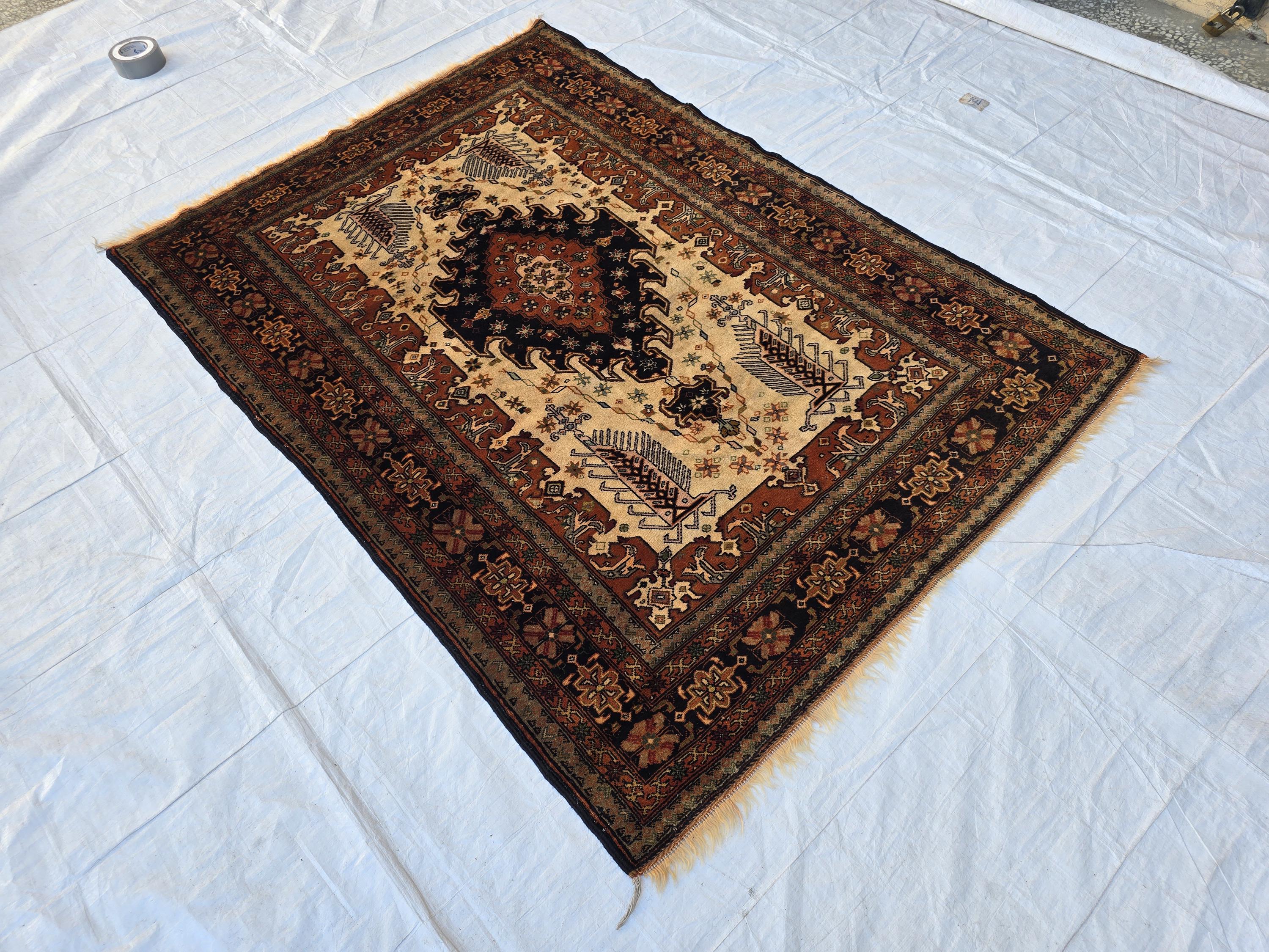 Vintage 4'5×6'3 ft Afghan Rug – Handmade Wool Tribal Carpet, Warm Earth Tones
