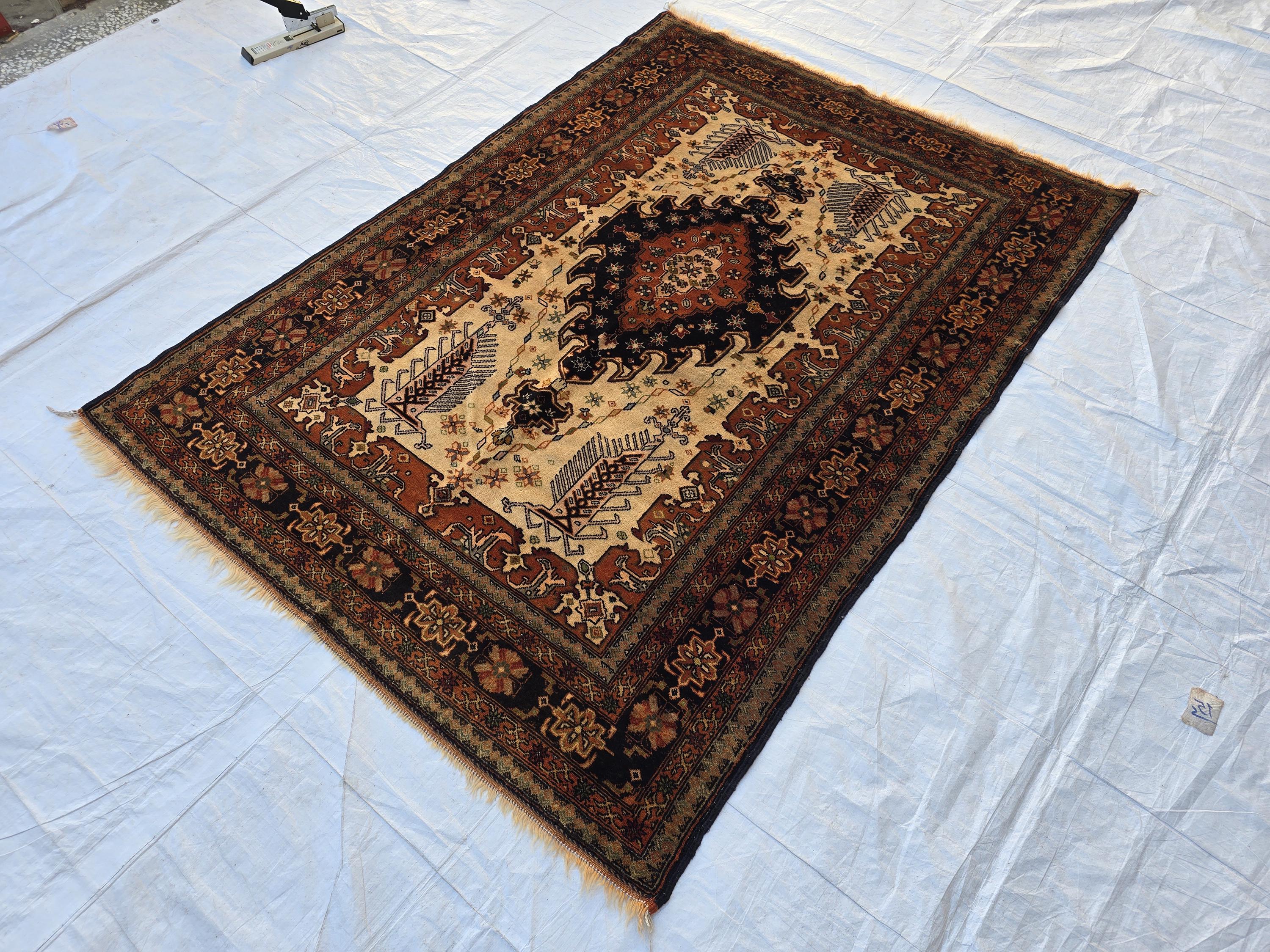 Vintage 4'5×6'3 ft Afghan Rug – Handmade Wool Tribal Carpet, Warm Earth Tones