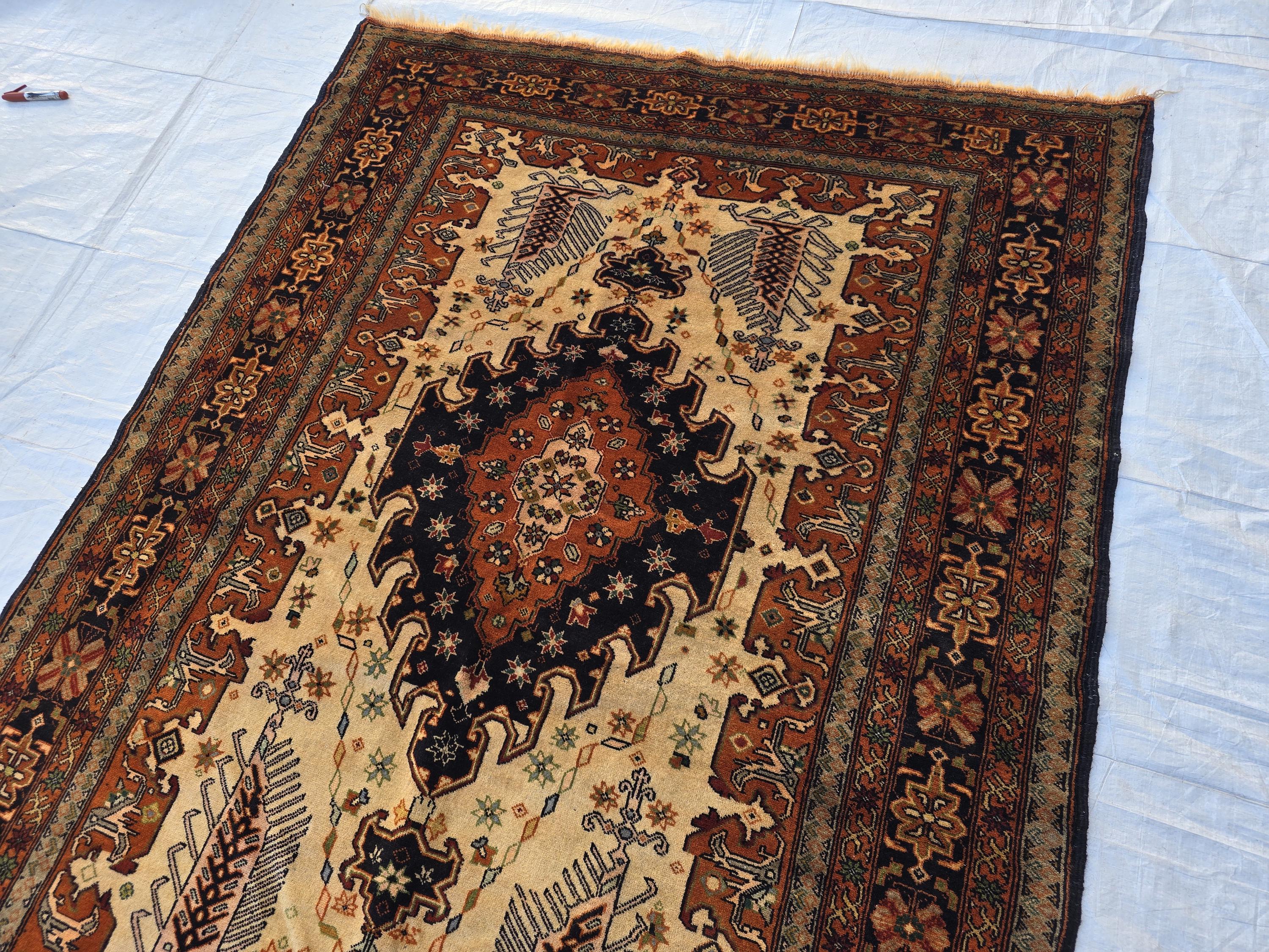 Vintage 4'5×6'3 ft Afghan Rug – Handmade Wool Tribal Carpet, Warm Earth Tones