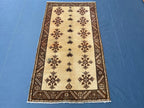 Vintage 3.6x6.4 Hallway Rug – Handwoven Tribal Geometric Runner, Beige Brown Wool Rug, Entryway Carpet