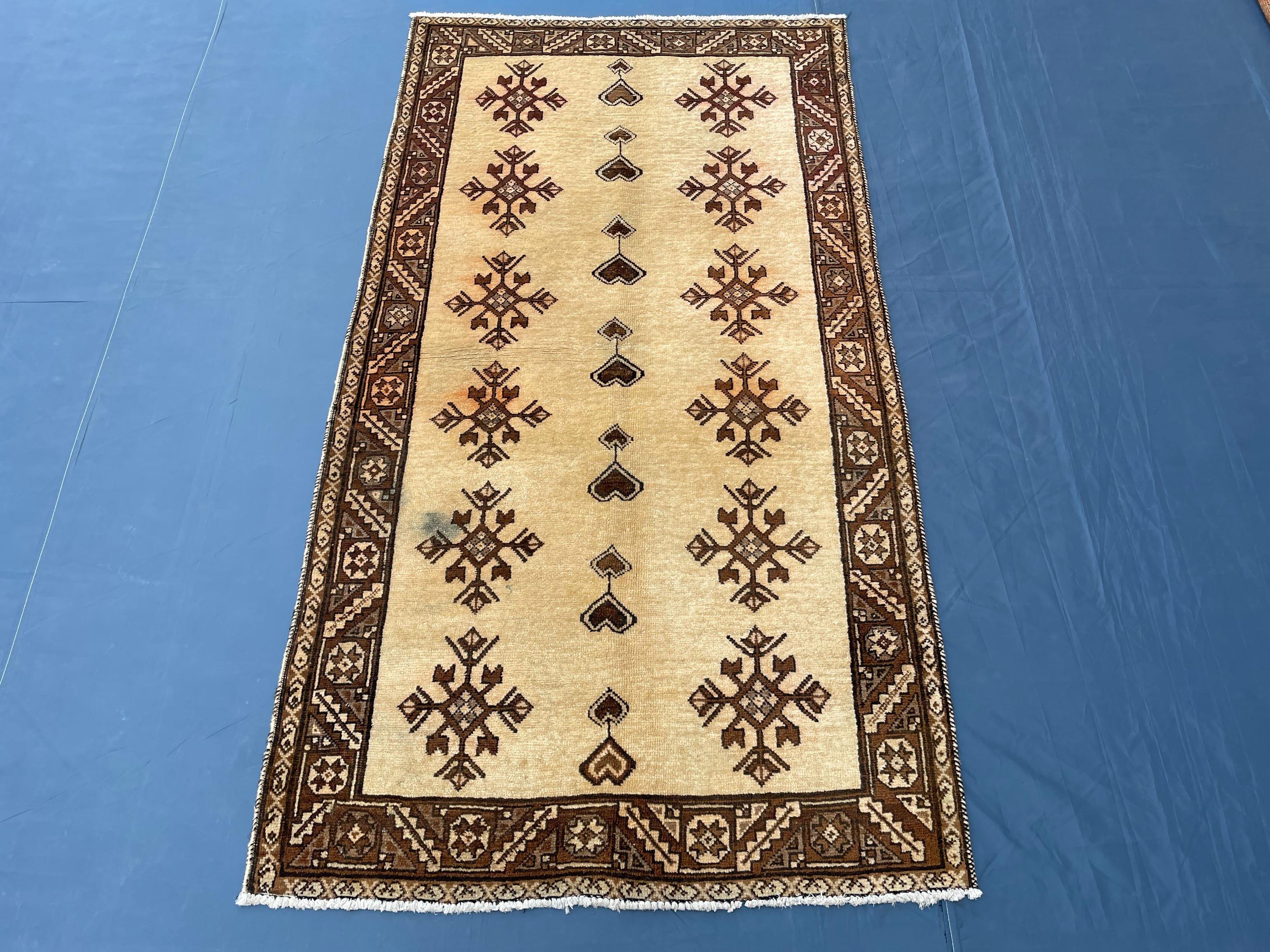 Vintage 3.6x6.4 Hallway Rug – Handwoven Tribal Geometric Runner, Beige Brown Wool Rug, Entryway Carpet